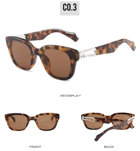 Three-view display of tortoise shell square sunglasses with silver hollow metal temple detail
