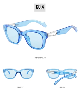 Detailed view of transparent blue square frame sunglasses with silver metal hollow hinges