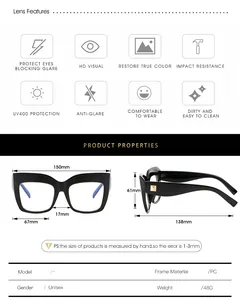 Detailed size chart for oversized cat-eye glasses with dimensions in millimeters