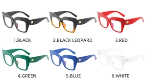 Collection of oversized cat eye glasses frames in six vibrant candy colors with gold accents