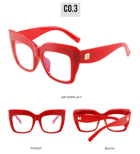 Three-angle views of red oversized cat-eye glasses frames with gold square rivets