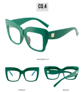 Multi-angle views of oversized green cat eye glasses with gold rivets and thick frames