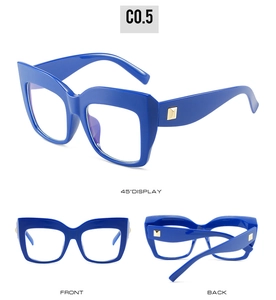 Three-view display of royal blue oversized square frame glasses with gold rivets