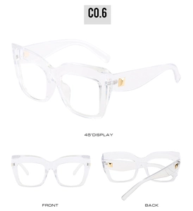 Detail of oversized clear eyeglass frames with gold rivet accents on various angles