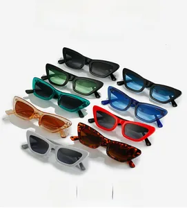 Detailed collection of retro cat-eye sunglasses in eight vibrant colors on white background