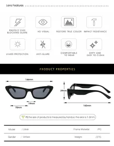 Detailed sizing chart and specifications for cat eye sunglasses showing dimensions