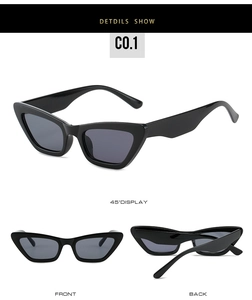 Three-way view of retro cat eye sunglasses with black frame and dark grey lenses