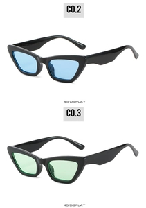 Detailed comparison of vintage cat eye sunglasses in light blue and pale green lenses
