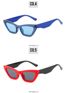 45-degree angle view showing blue and red cat eye sunglasses with metal hinges