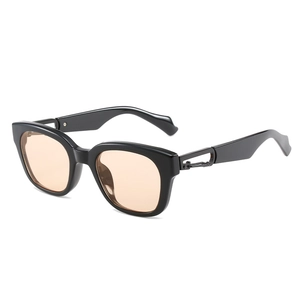 Black square sunglasses with orange lenses and unique hollow metal temple accents