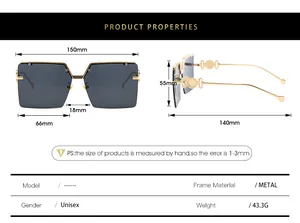 Detailed sizing chart for oversized metal sunglasses showing lens and frame dimensions