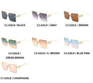 Detailed grid of oversized square sunglasses showing seven vibrant gradient lens color variants