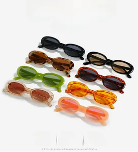Detailed display of oval retro sunglasses in multiple vibrant candy colors and patterns