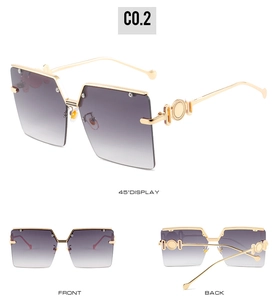 Three-view display of rimless gold sunglasses with gradient purple lenses and metal frames