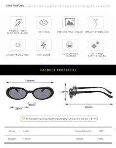 Size chart showing dimensions for oval retro sunglasses with UV400 protection details