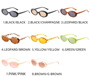 Detailed grid of retro oval sunglasses in eight vibrant colors and leopard patterns