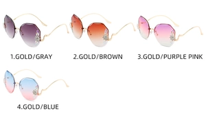 Détail de quatre lunettes de soleil sans monture avec strass, verres dégradés et branches métal