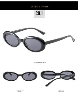 Classic oval black sunglasses with dark grey UV lenses shown in multiple viewing angles