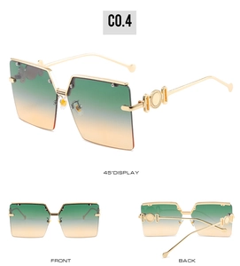 Three-view display of oversized square frameless sunglasses with green-orange gradient lenses