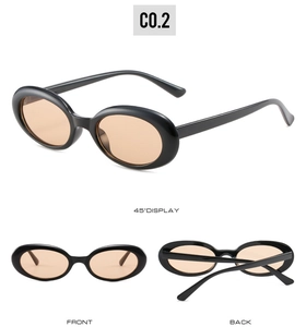 Three-angle display of oval vintage sunglasses in black frame with tea-colored lenses
