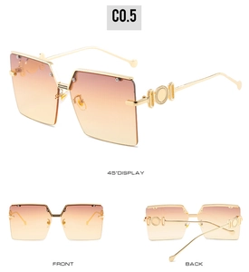 Three views of rimless gold sunglasses with orange gradient lenses and metal ring detail