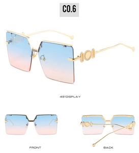Detailed views of oversized square frameless sunglasses with blue-pink gradient lenses