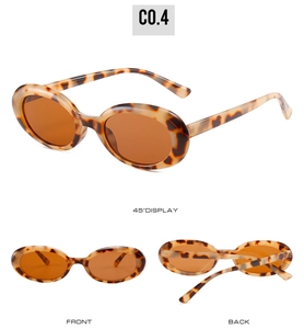 Three-view display of vintage oval leopard print sunglasses with dark brown lenses