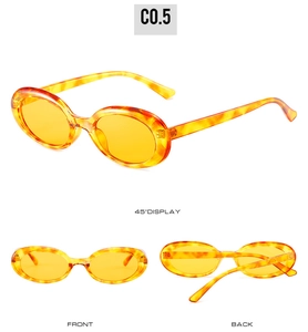 Three angles of retro oval sunglasses with yellow lenses and amber tortoise frames