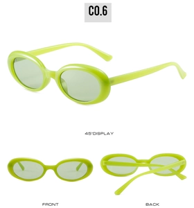 Detailed views of neon green oval retro sunglasses with translucent lenses in Y2K style