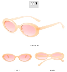 Three-view display of vintage oval sunglasses with cream frame and pink gradient lenses