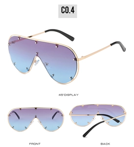 Vues avant et arrière de lunettes aviateur surdimensionnées avec dégradé violet et rivets
