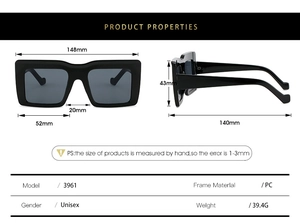 Spécifications de taille pour lunettes de soleil punk carrées Y2K bleu avec cadre PC