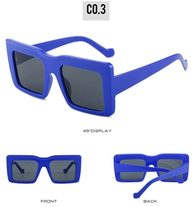 Vue détaillée de lunettes punk bleues à monture carrée avec vues avant et arrière