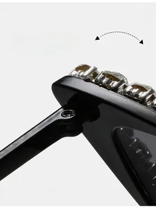 Macro detail of cat eye sunglasses showing durable metal hinges and rhinestone accents