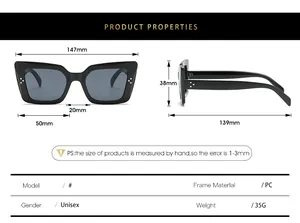 Detailed size chart for cat eye sunglasses showing PC frame dimensions and 35g weight