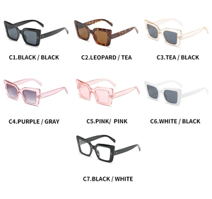 Cat-eye sunglasses collection in various colors with bold frames and metal hinge details