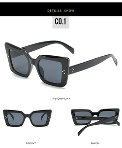 Three-angle view of oversized cat-eye sunglasses with gold metal rivet detailing
