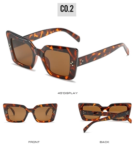 Three-angle view of tortoiseshell cat eye sunglasses with metal rivet details