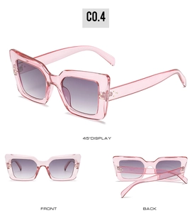 Detailed views of pink transparent square sunglasses with purple gradient lenses