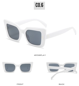 Three-view display of white cat eye sunglasses with golden studs and dark grey lenses