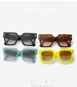Detailed view of oversized square sunglasses in black, tortoiseshell, green and yellow colors