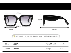 Detailed size chart for square sunglasses showing frame dimensions and model Z3571 specs