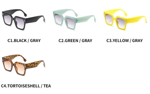 Four pairs of retro oversized square sunglasses in black, mint green, yellow and tortoise