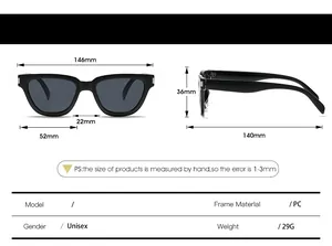 Detailed dimension chart showing frame width and lens height of black square sunglasses