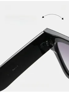Detail of durable metal hinge on black square sunglasses with precise specifications