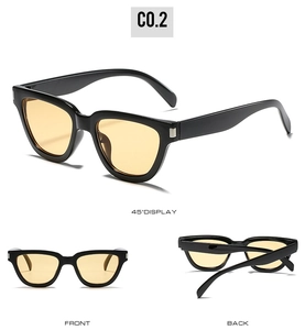 Three views of black thick frame sunglasses with yellow lenses and silver temple details
