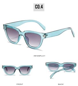 Three-view layout of blue transparent square sunglasses with grey gradient lenses