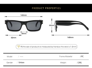Diagramme technique détaillé montrant les dimensions et le poids des lunettes carrées
