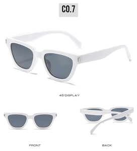 White rectangular sunglasses with dark grey lenses shown in front, back and side views
