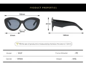Detailed sizing chart for cat eye sunglasses showing frame width and lens dimensions